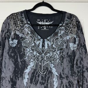 Rock & Roll Cowgirl XXL Long Sleeve Bling Western Edgy Rock Burnout Mineral Wash
